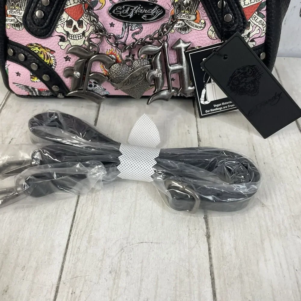 Ed Hardy Pink/Black Skull Tattoo Satchel Purse Studded Embroidered Zip Charm NWT